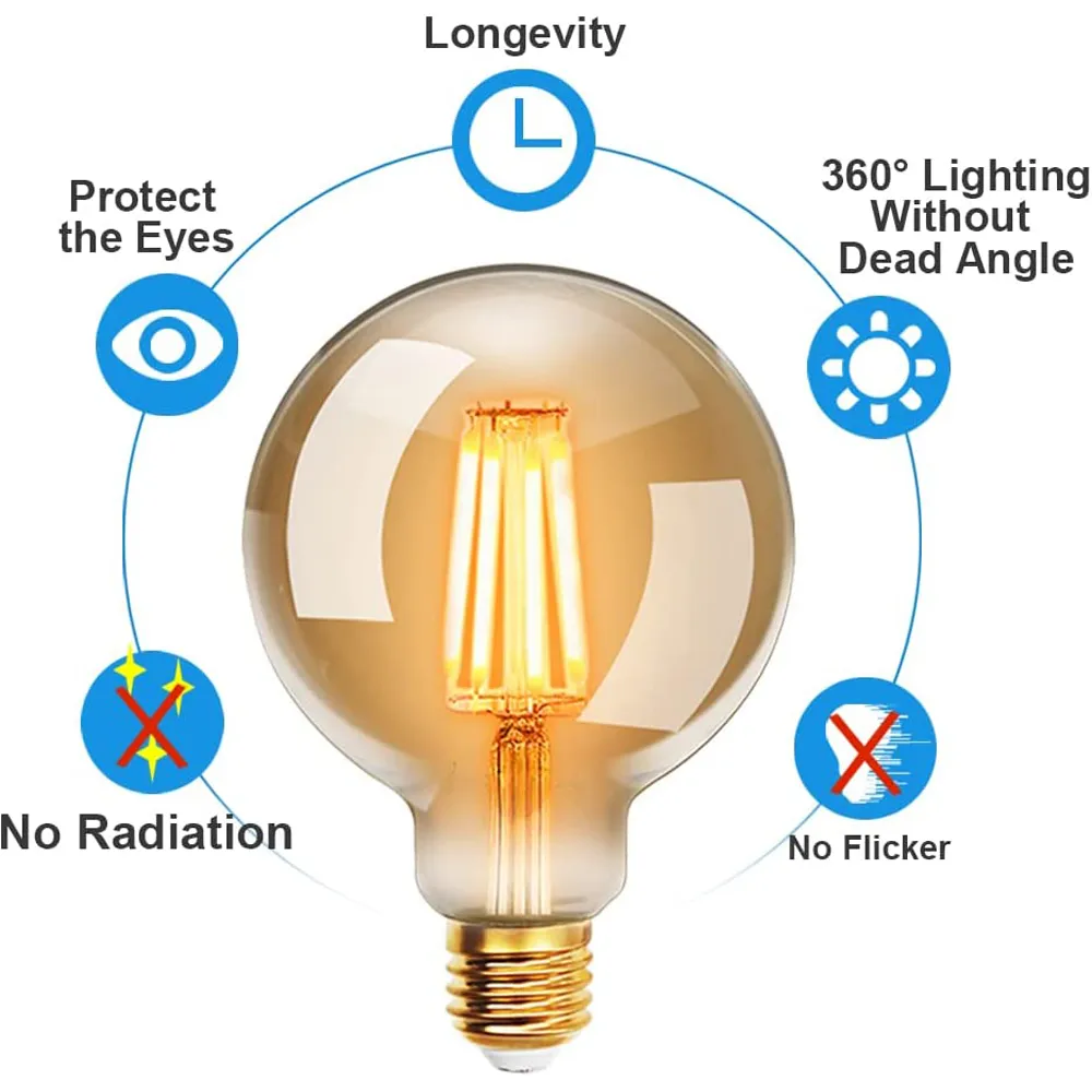 2 Pack E27 6W G80 Filament LED Light Bulb - Warm Amber