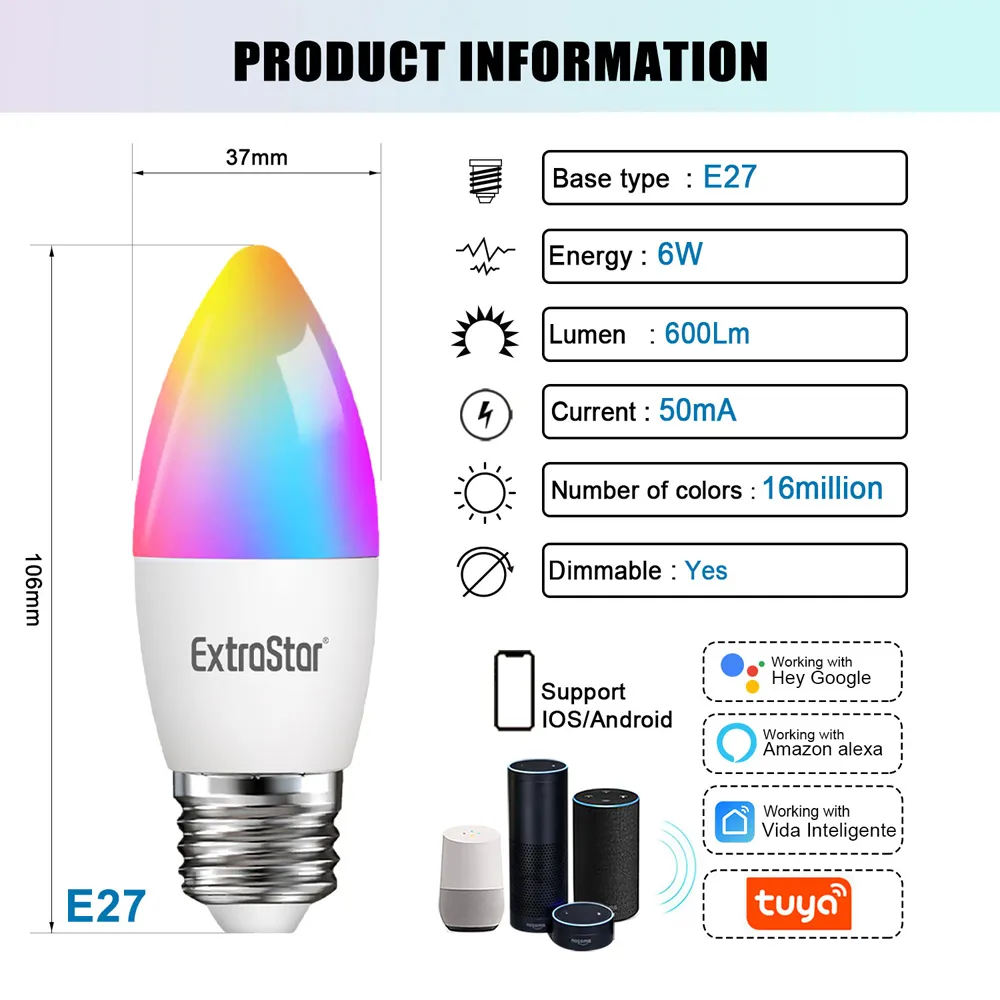 2 Pack E27 6W WiFi LED Smart Light Bulb - Multicolour