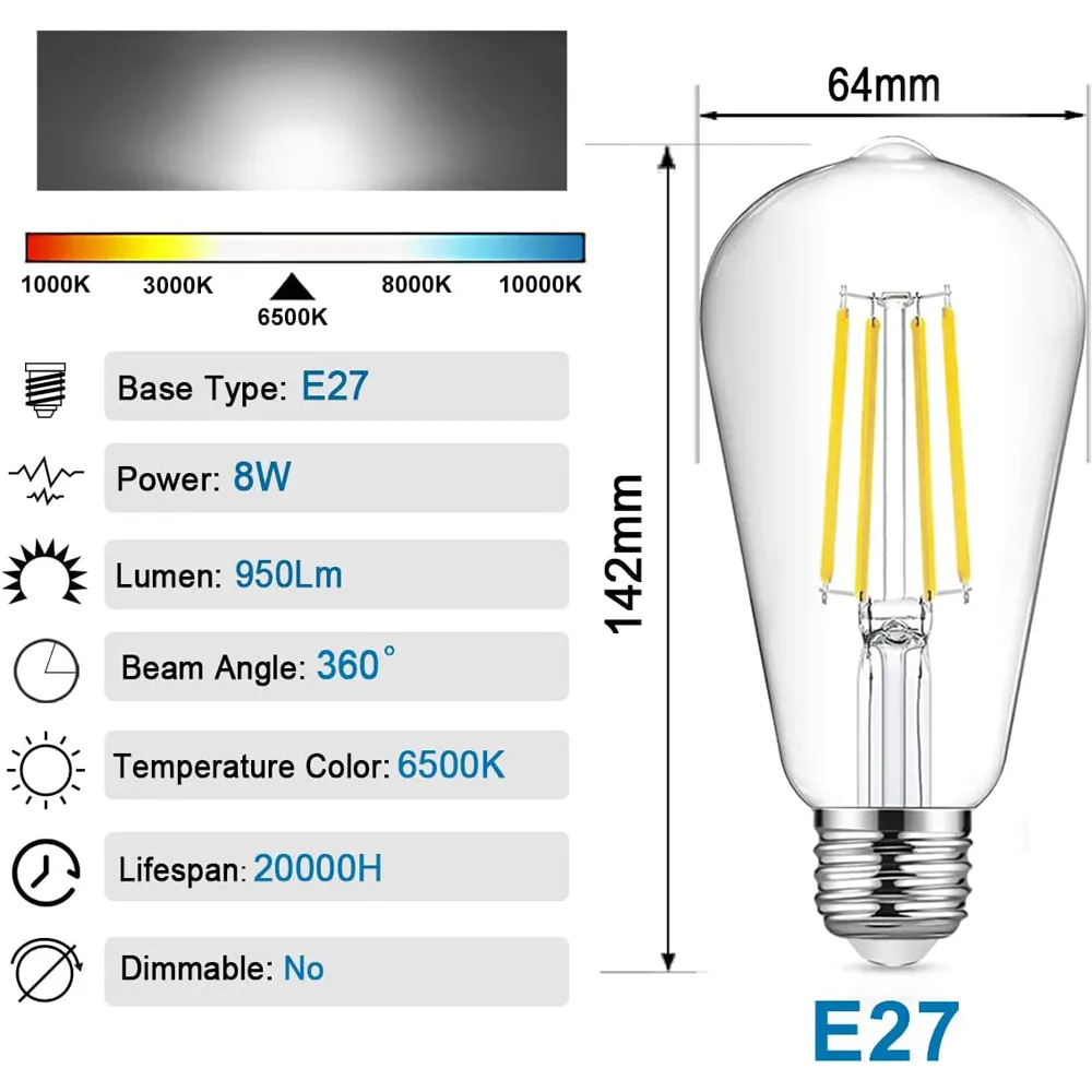 4 Pack 8W Vintage Filament Light Bulb - White
