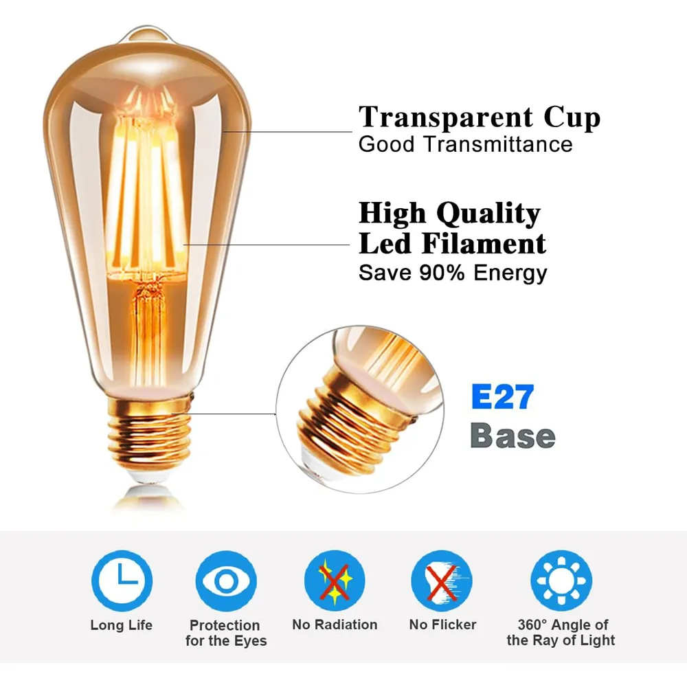 4 Pack 8W Vintage Filament Light Bulb - Yellow