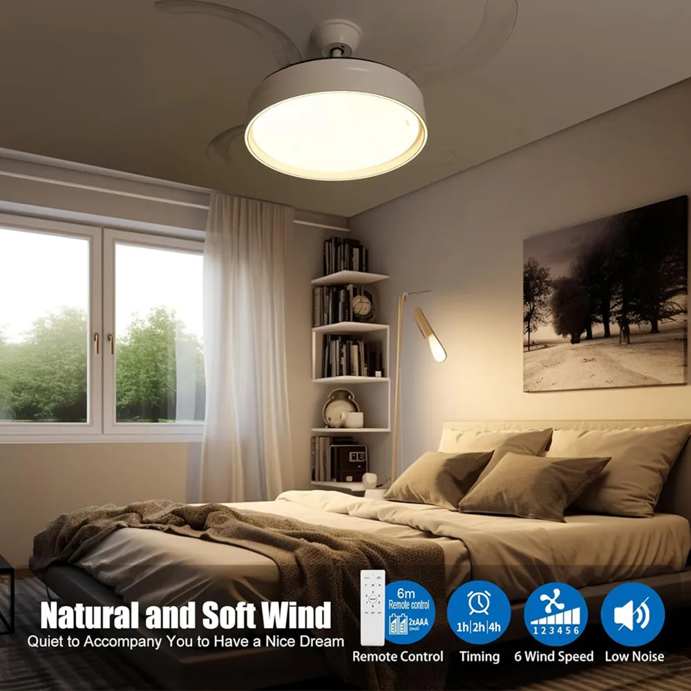 42 Inch Retractable Blades LED Ceiling Fan Light - White