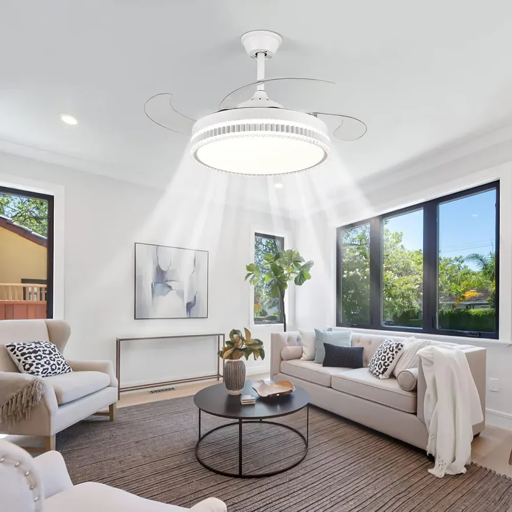 42 Inch Retractable Blades LED Ceiling Fan Light - White
