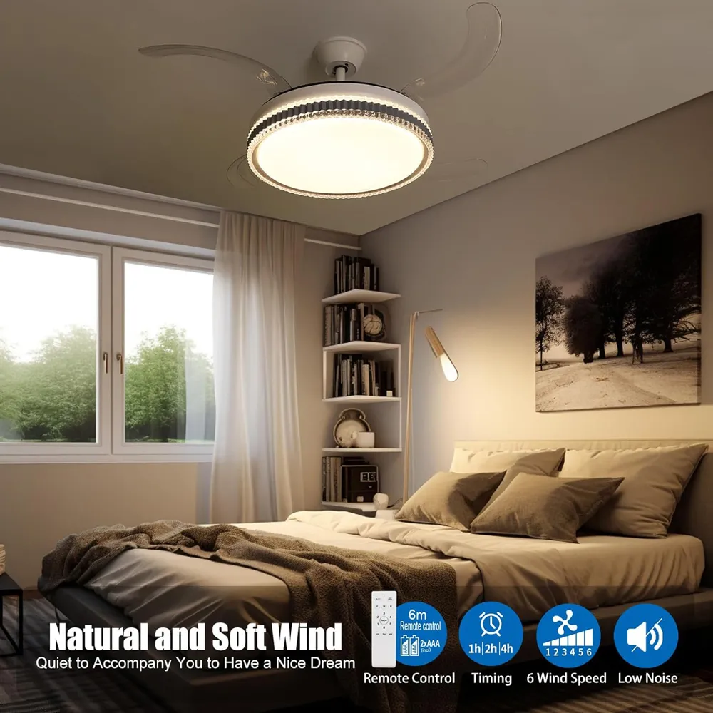 42 Inch Retractable Blades LED Ceiling Fan Light - White