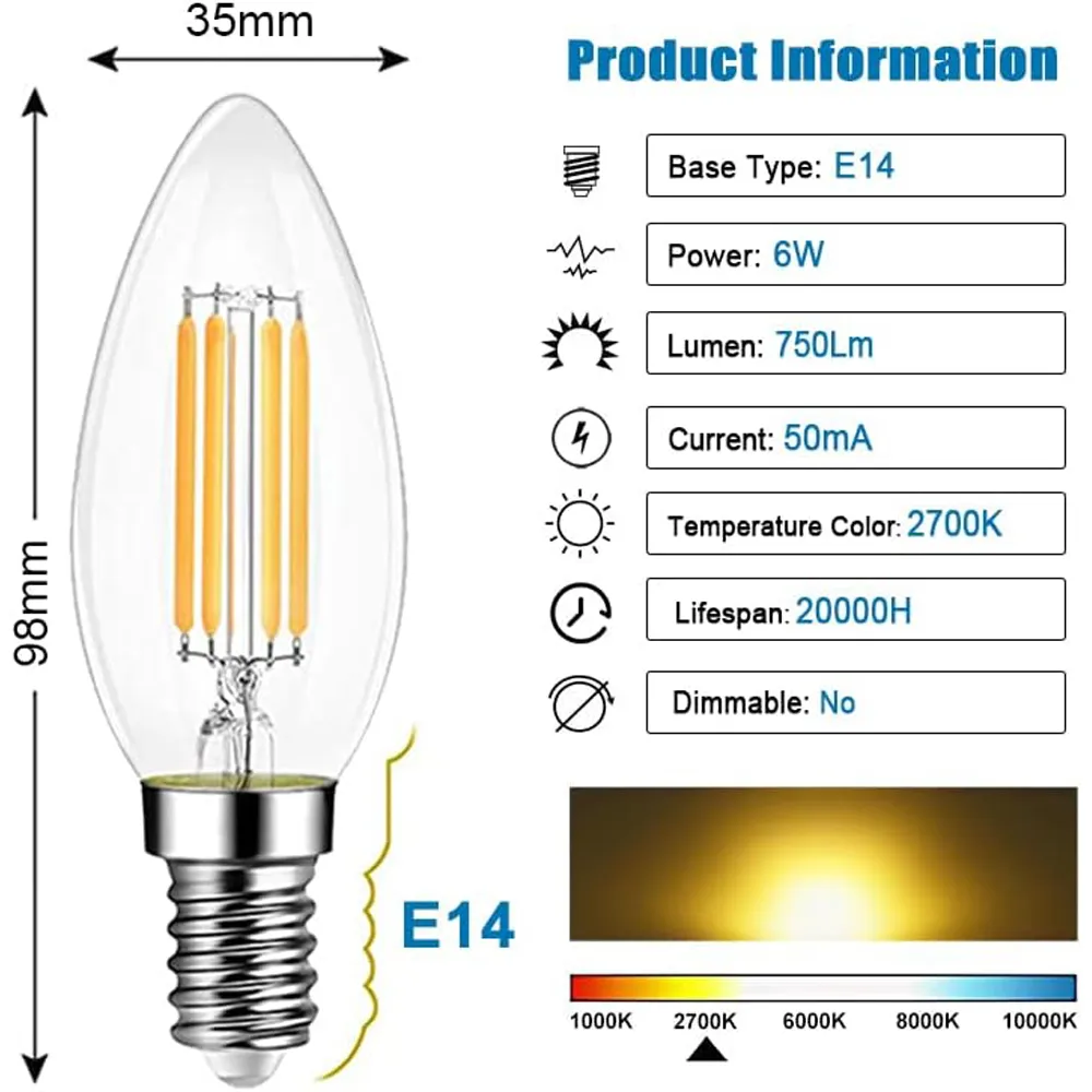 E14 6W LED Filament Candle Light Bulb 10 Pack - Warm White