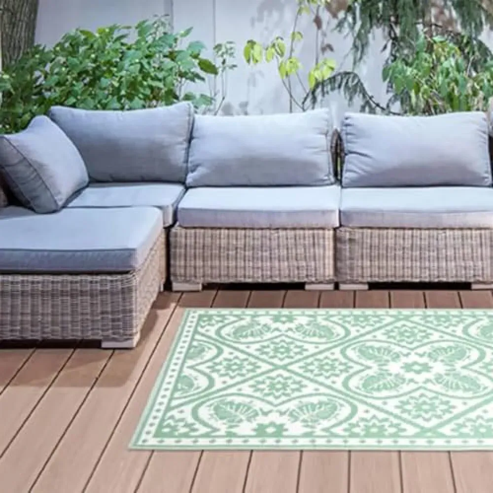 Green and White Tiles Outdoor Carpet - Green, PP