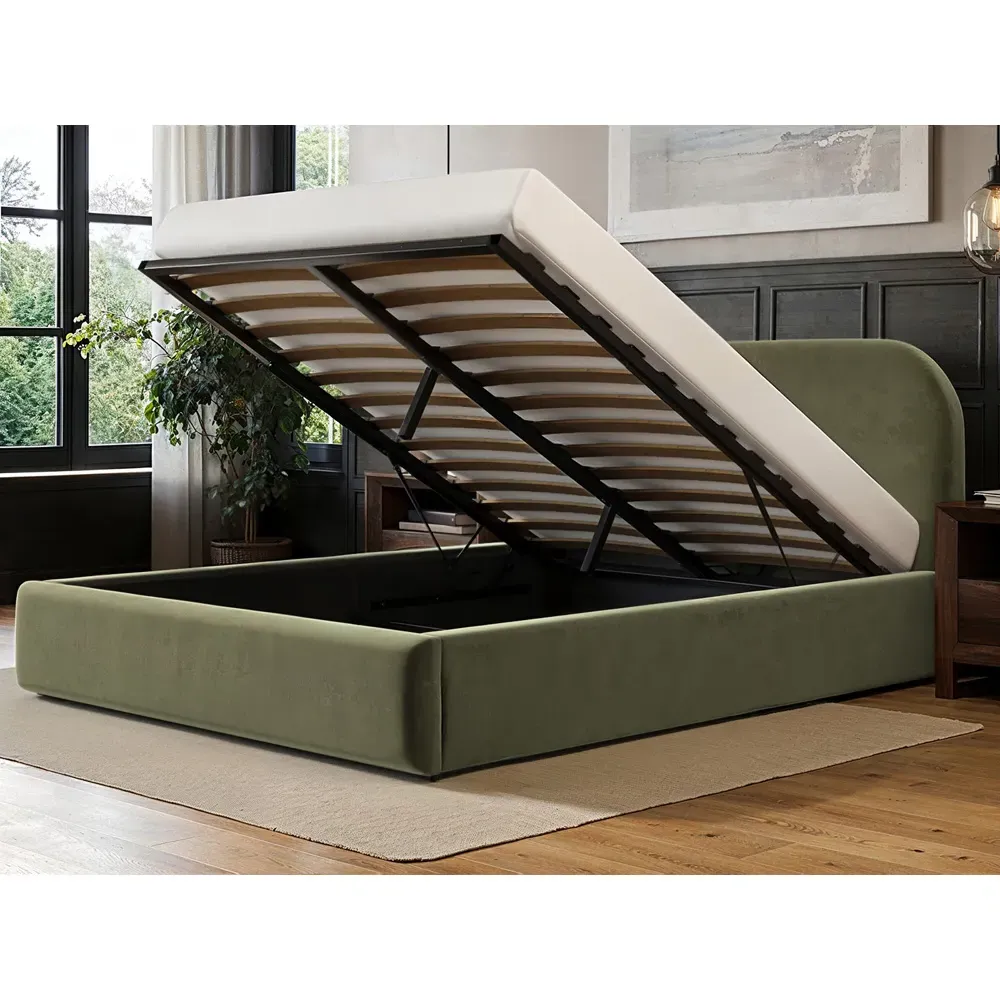 Alba Double Ottoman Bed with Storage - Green, Velvet