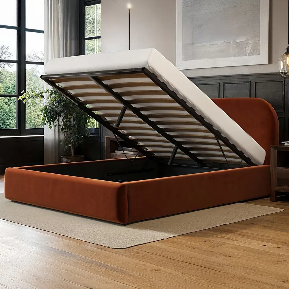 Alba Double Ottoman Bed with Storage - Orange, Velvet