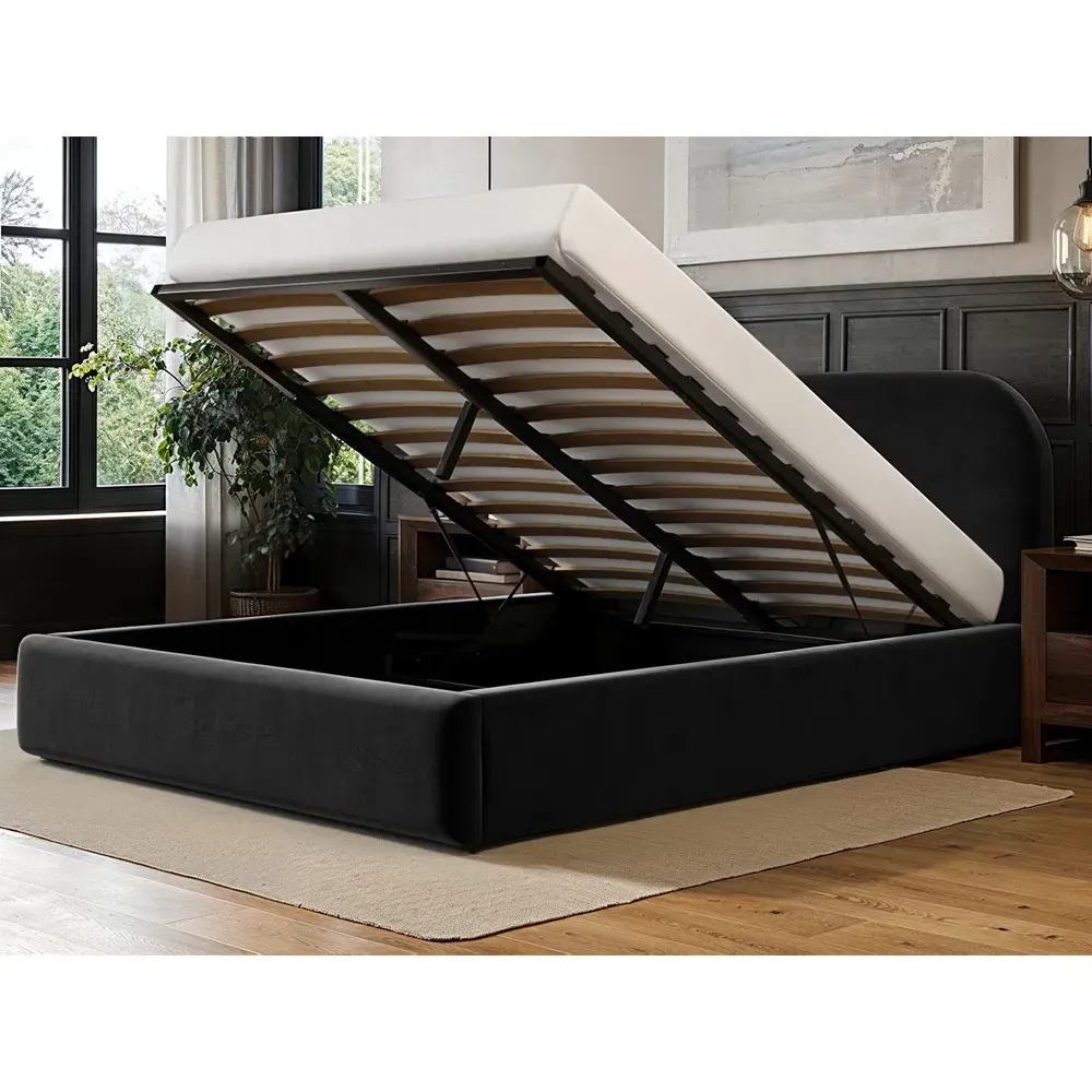 Alba King Size Ottoman Bed with Storage - Black, Velvet
