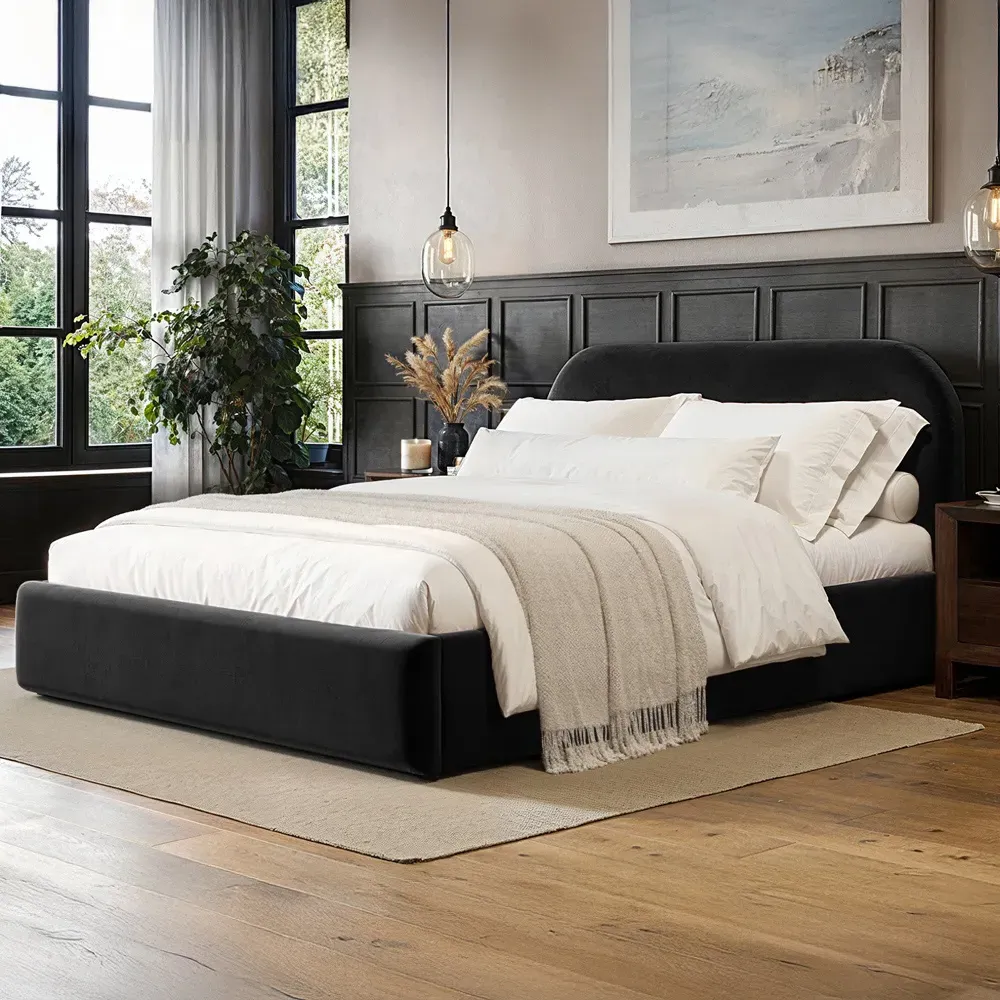 Alba King Size Ottoman Bed with Storage - Black, Velvet