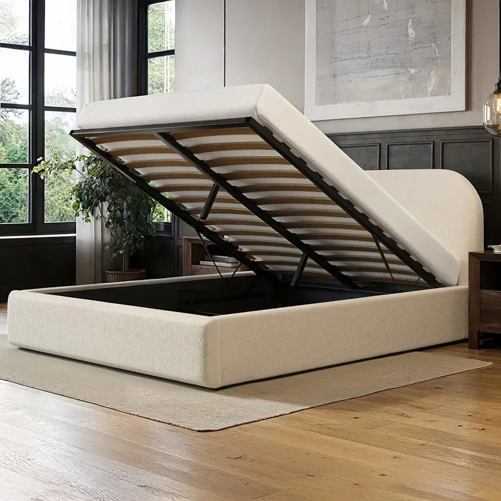 Alba King Size Ottoman Bed with Storage - Cream, Boucle
