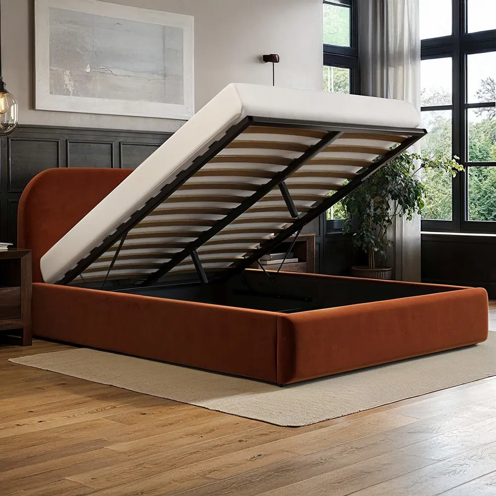 Alba King Size Ottoman Bed with Storage - Orange, Velvet