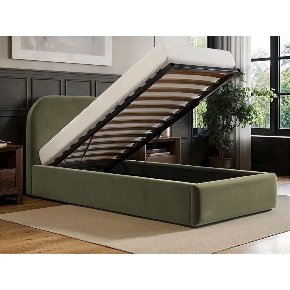 Alba Single Ottoman Bed with Storage - Green, Velvet