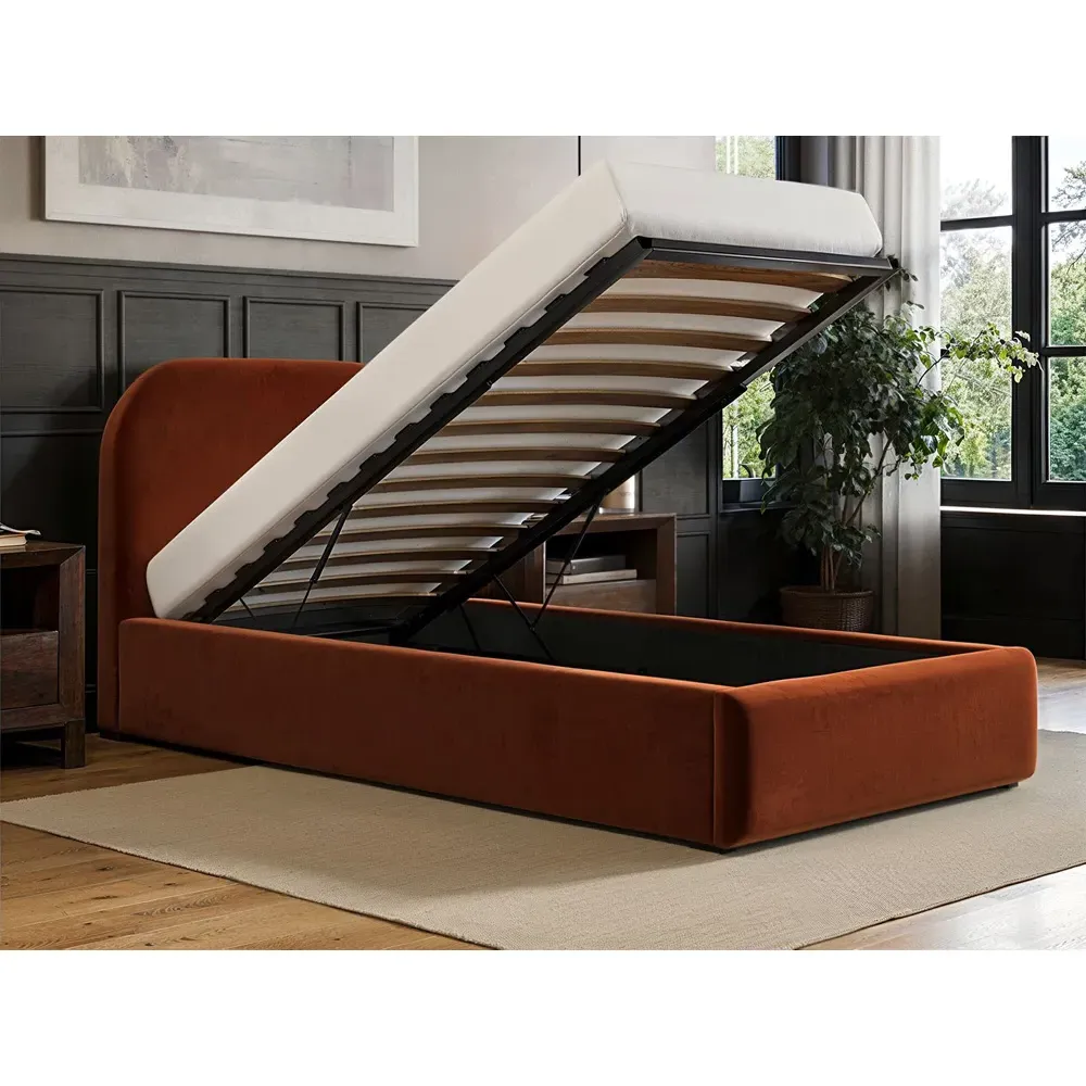Alba Single Ottoman Bed with Storage - Orange, Velvet