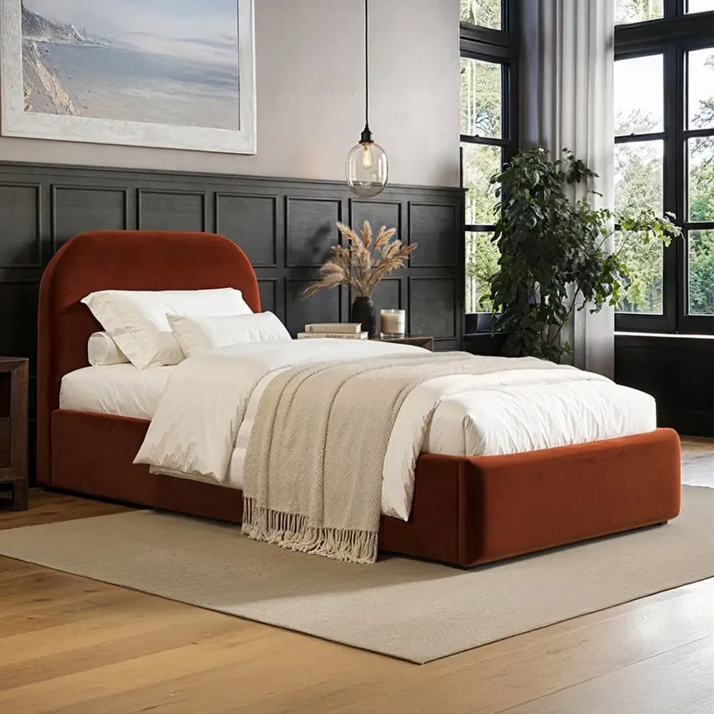 Alba Single Ottoman Bed with Storage - Orange, Velvet