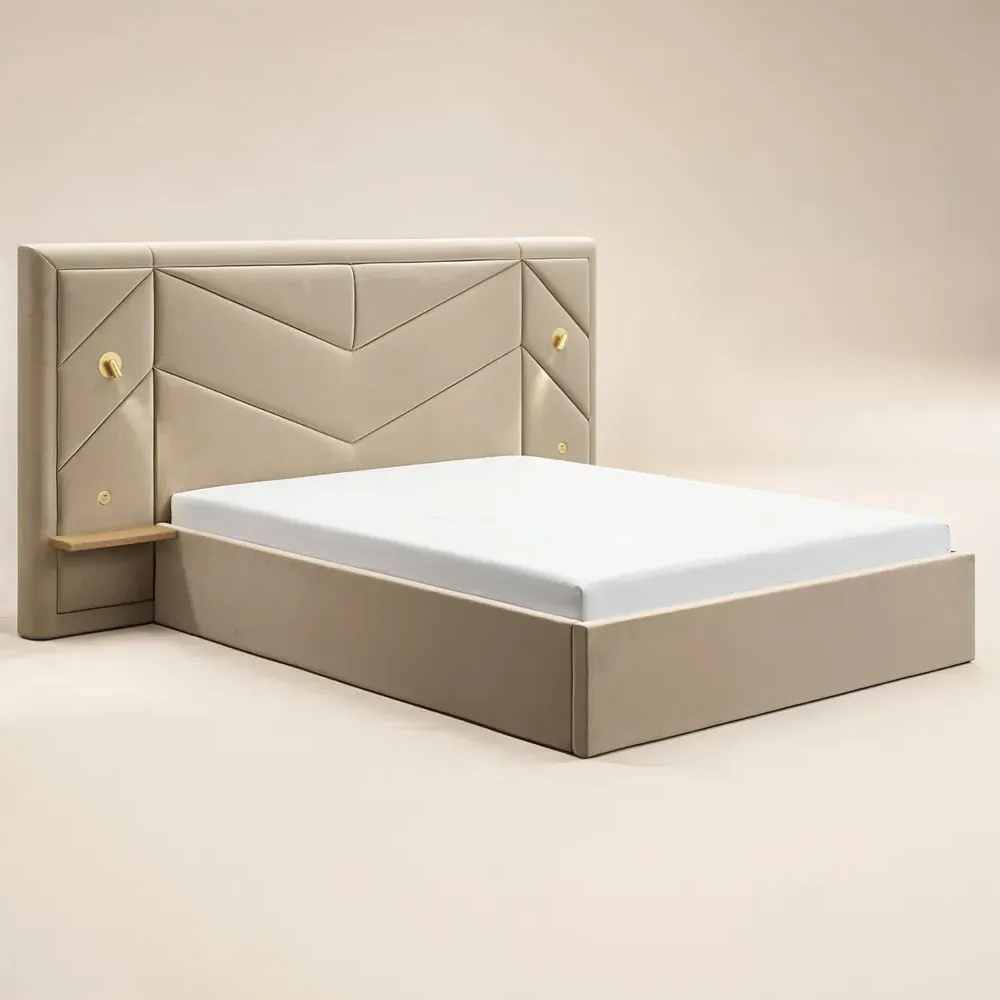 Alice King Size Ottoman Bed with Light - Beige, Velvet