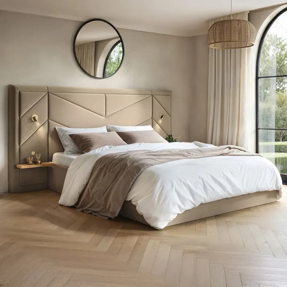 Alice King Size Ottoman Bed with Light - Beige, Velvet