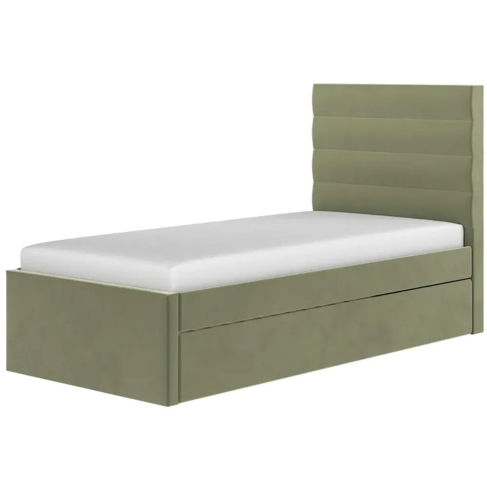Ari Single Bed with Trundle - Olive Green, Velvet