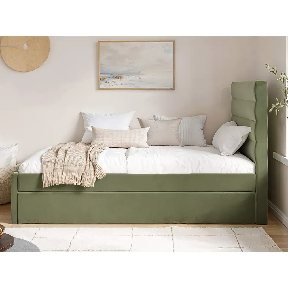 Ari Single Bed with Trundle - Olive Green, Velvet