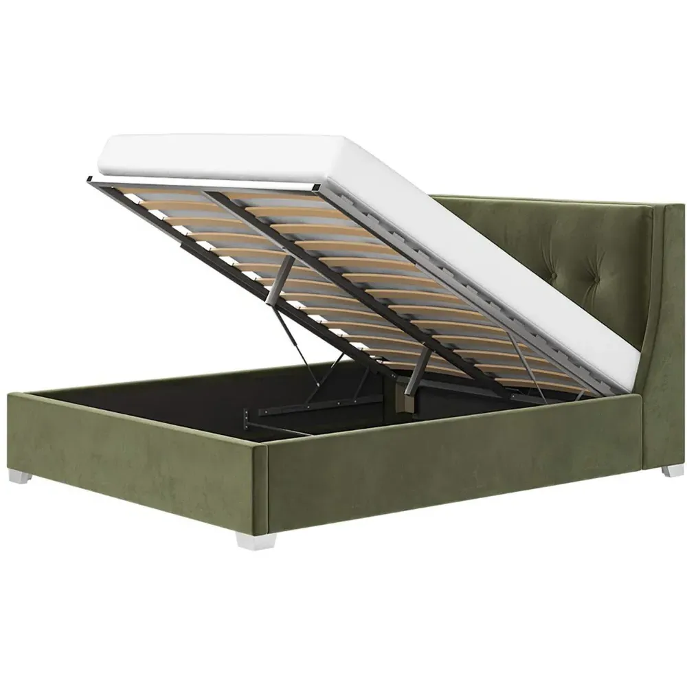 Artemis Double Ottoman Bed with Storage - Khaki, Velvet