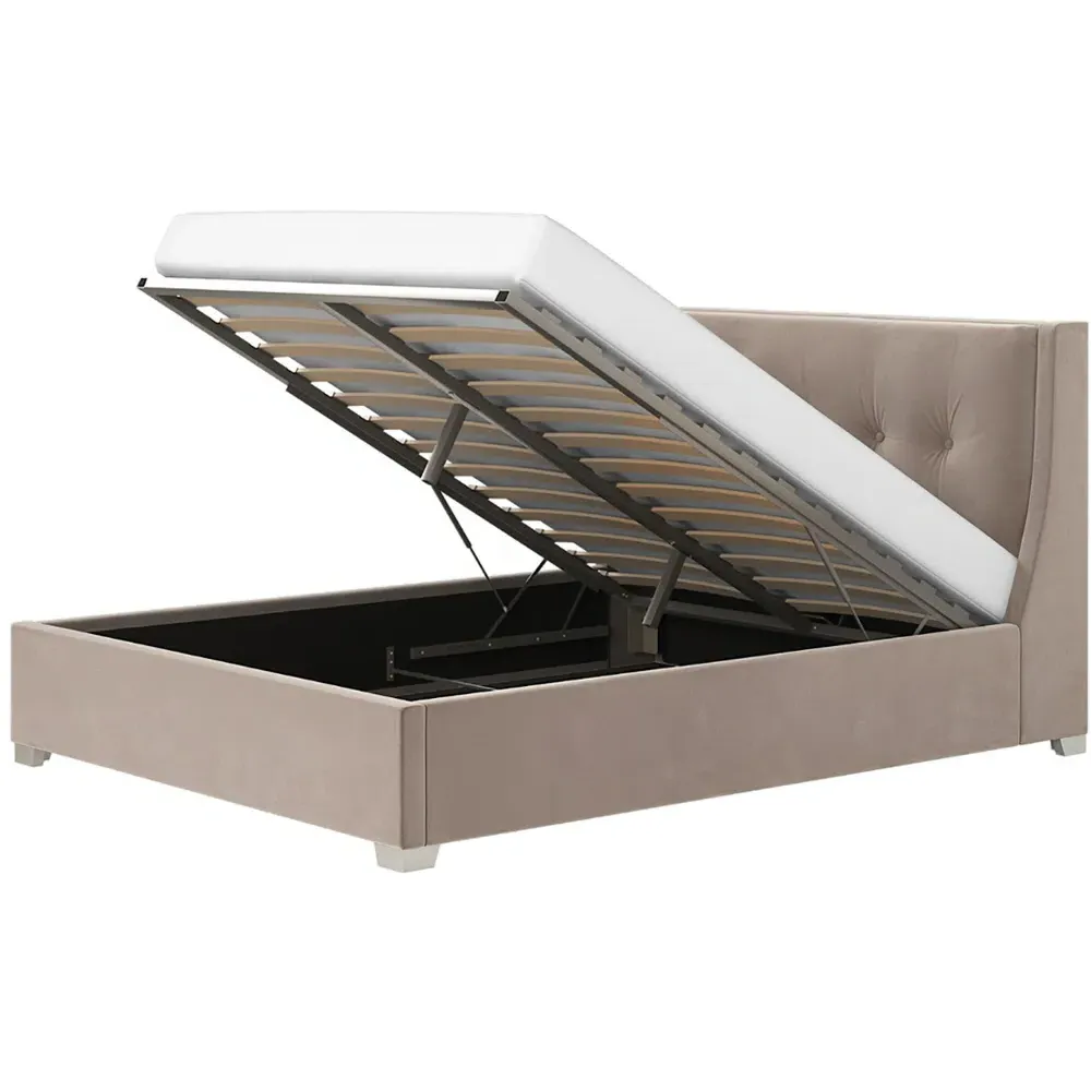 Artemis King Size Ottoman Bed with Storage - Beige, Velvet