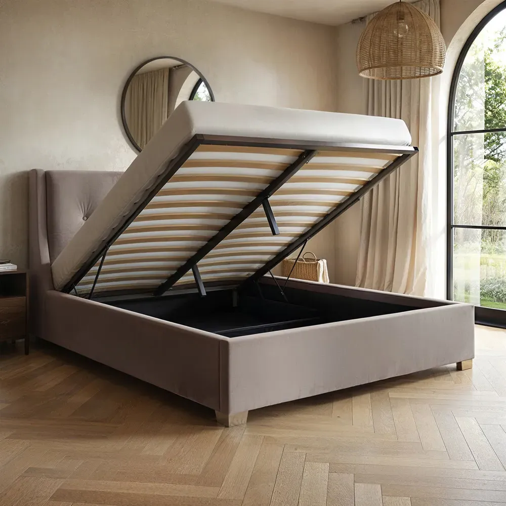Artemis King Size Ottoman Bed with Storage - Beige, Velvet