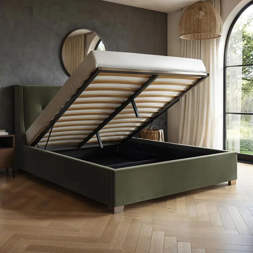 Artemis King Size Ottoman Bed with Storage - Khaki, Velvet