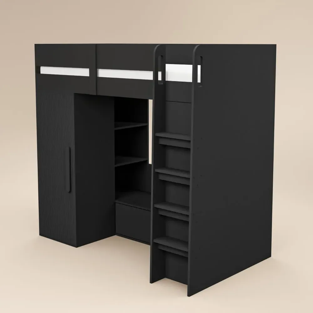 Aspen Ribbed High Sleeper with Storage and Wardrobe - Black