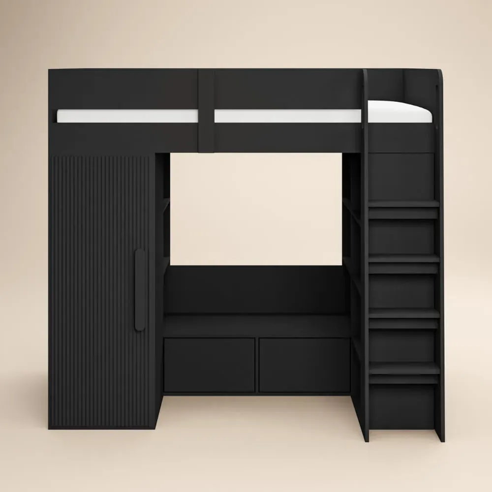 Aspen Ribbed High Sleeper with Storage and Wardrobe - Black