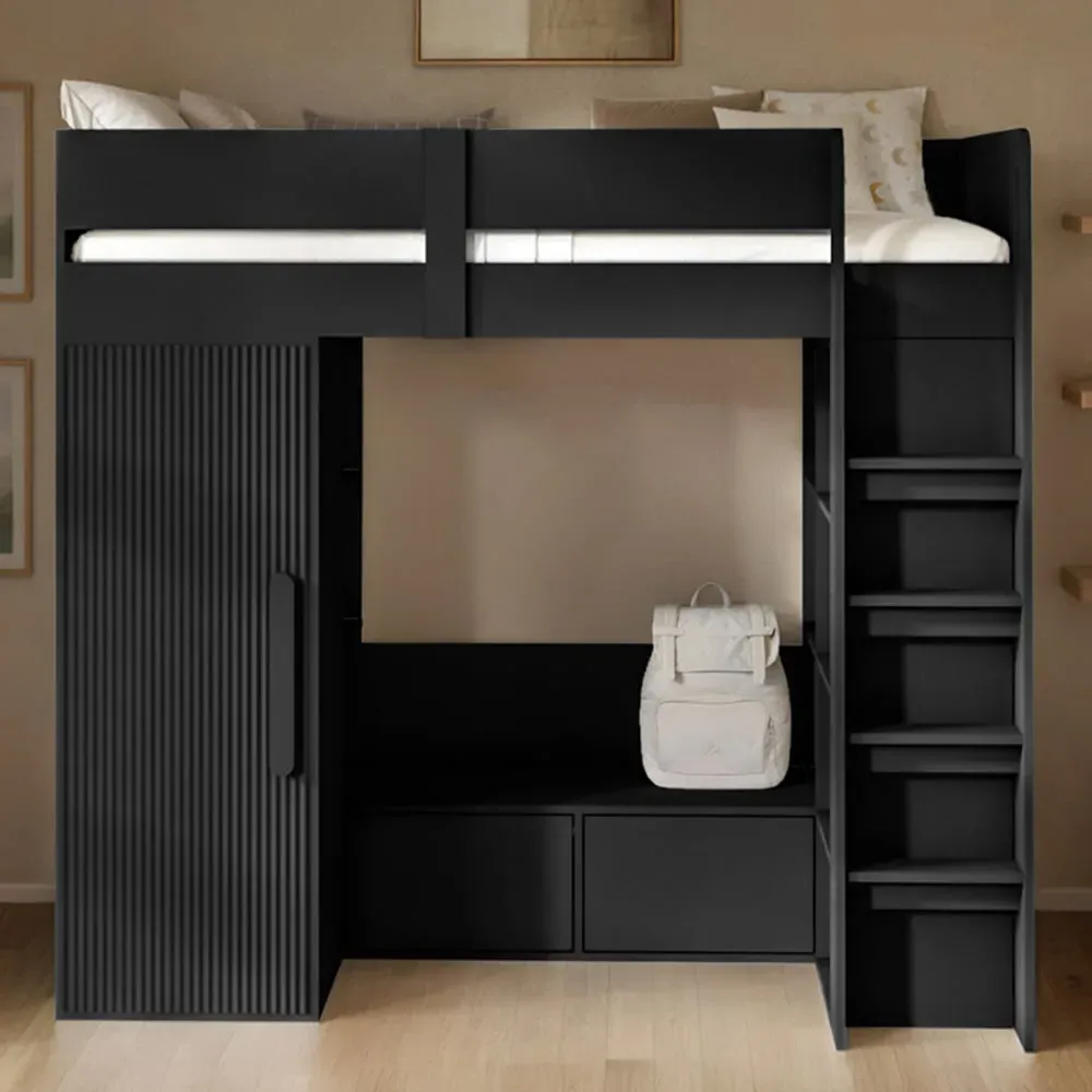 Aspen Ribbed High Sleeper with Storage and Wardrobe - Black