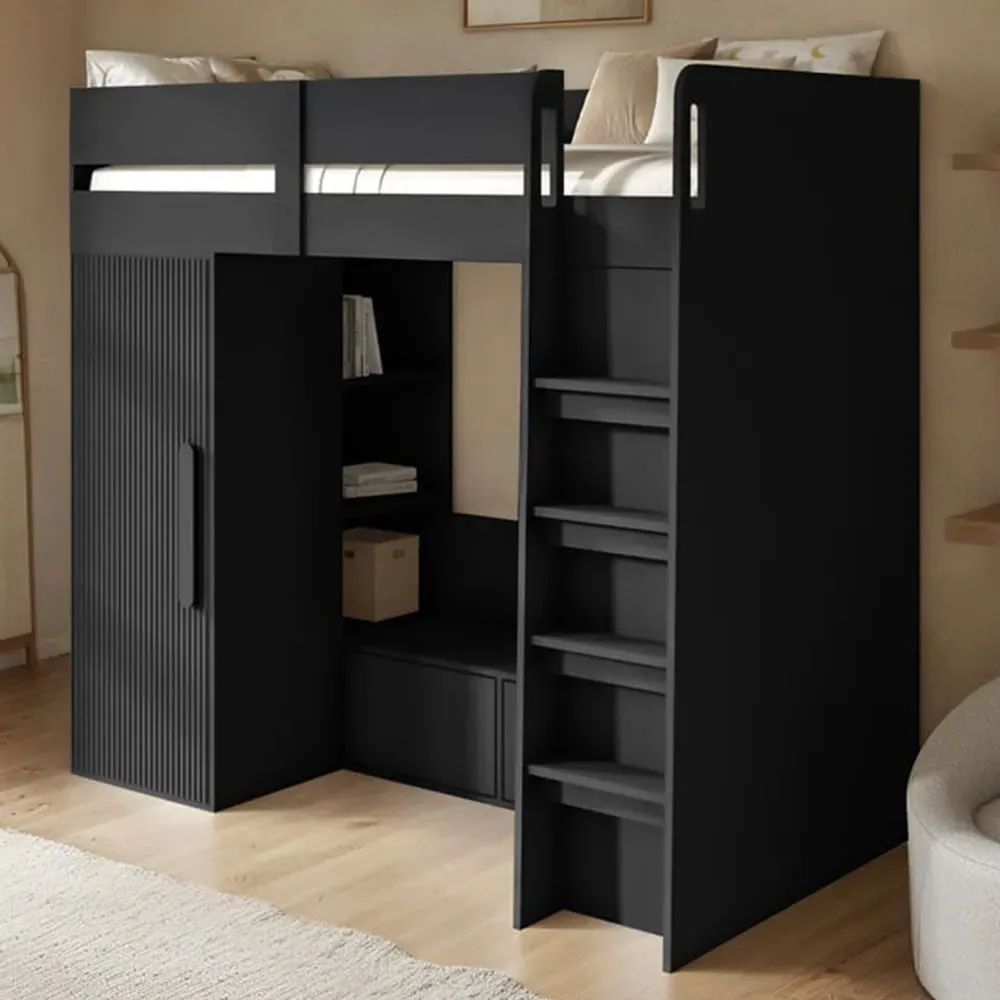 Aspen Ribbed High Sleeper with Storage and Wardrobe - Black image