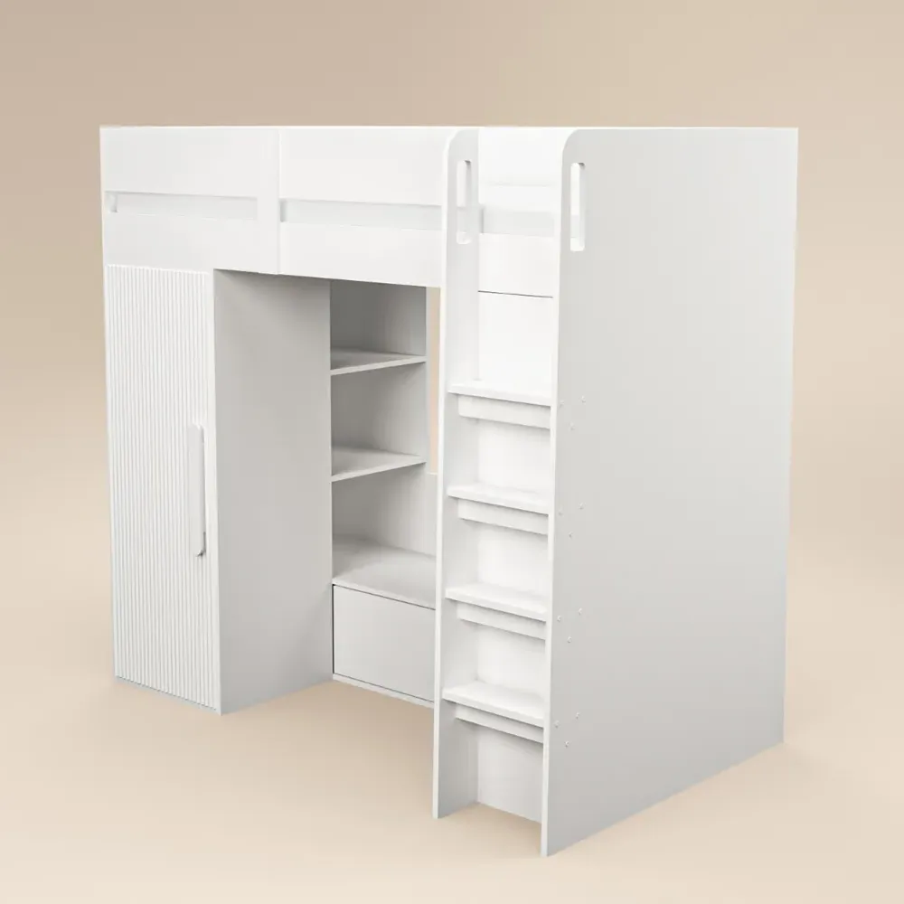 Aspen Ribbed High Sleeper with Storage and Wardrobe - White