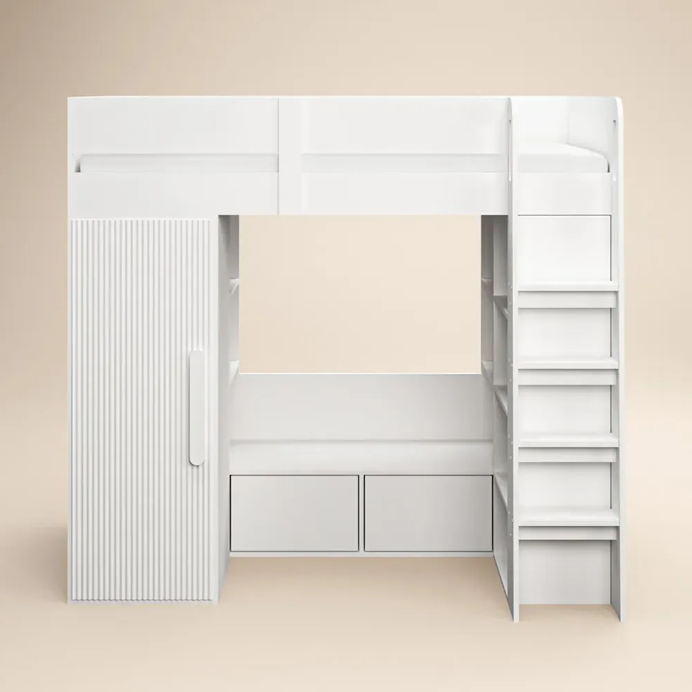 Aspen Ribbed High Sleeper with Storage and Wardrobe - White