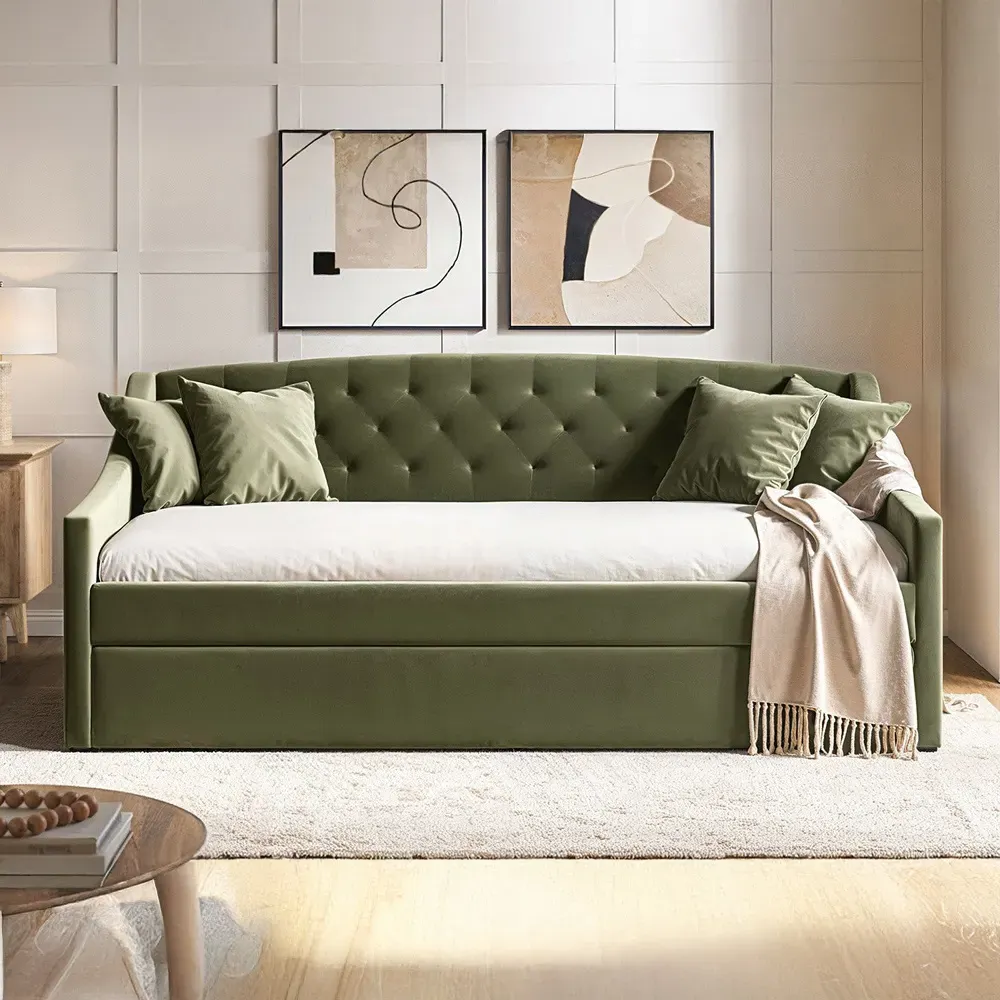 Aurora Single Daybed with Trundle - Green, Velvet