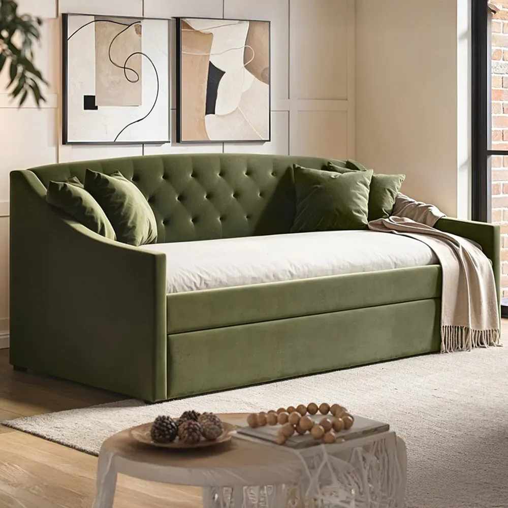 Aurora Single Daybed with Trundle - Green, Velvet