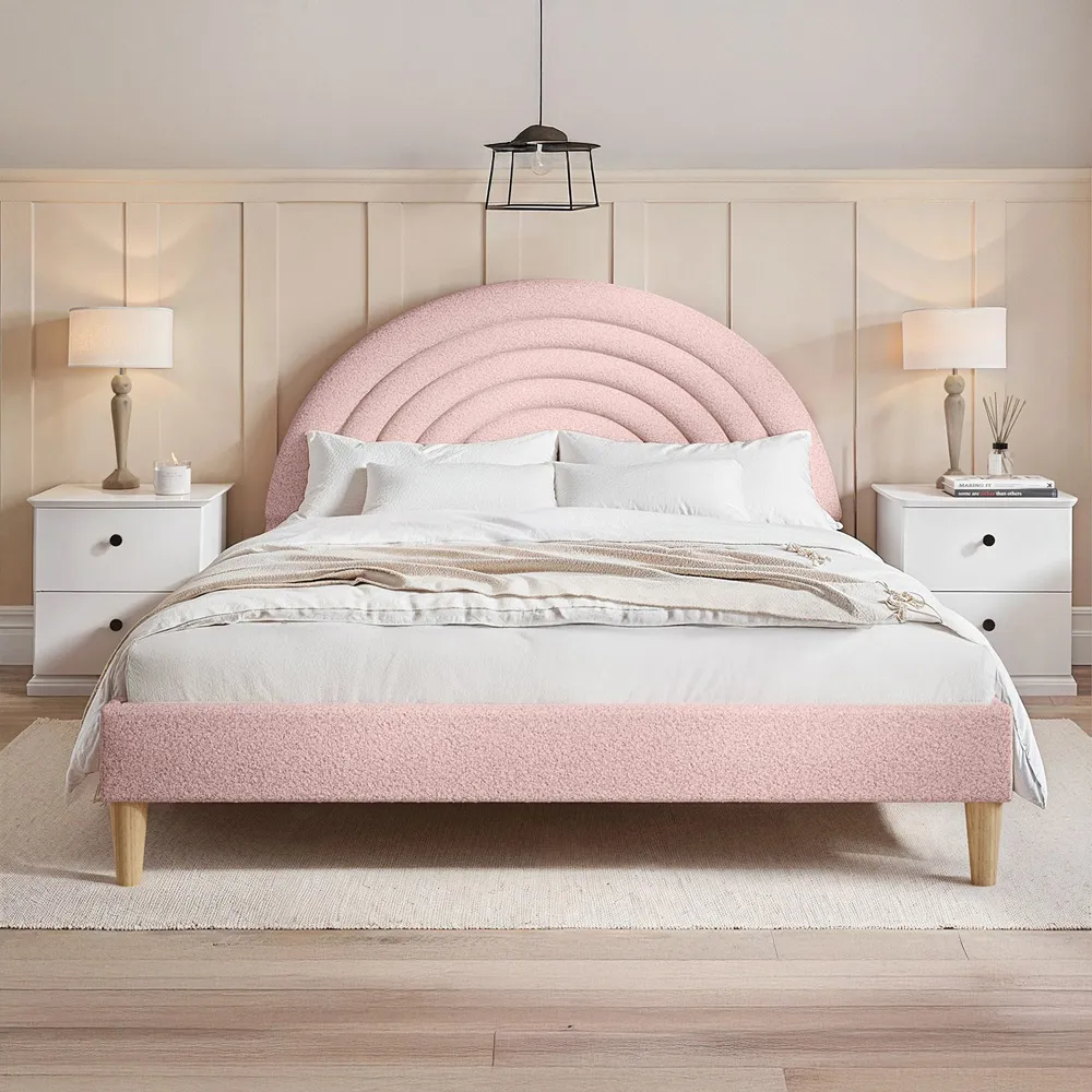 Ava Double Bed Frame - Pink, Boucle Fabric