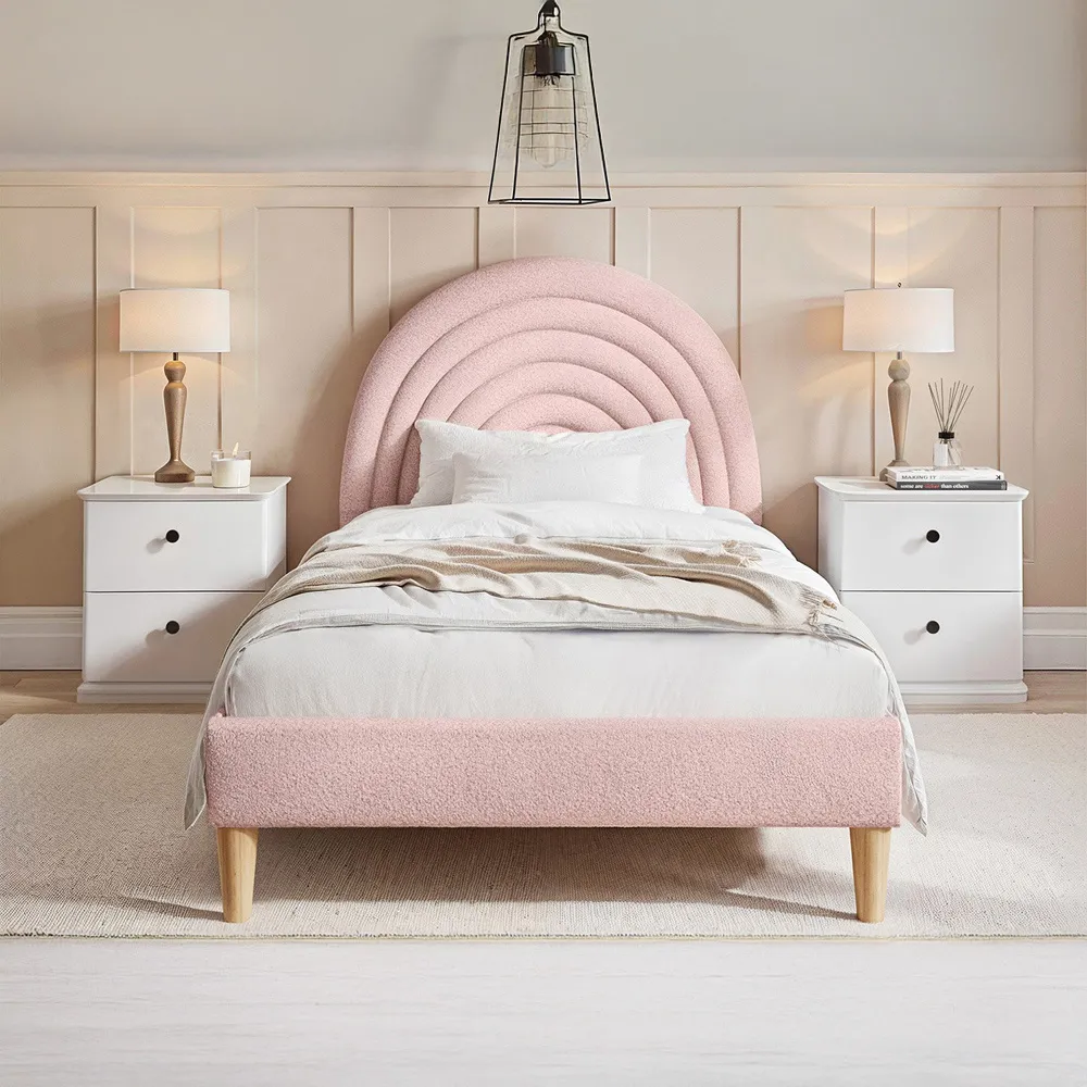 Ava Single Bed Frame - Pink, Boucle Fabric