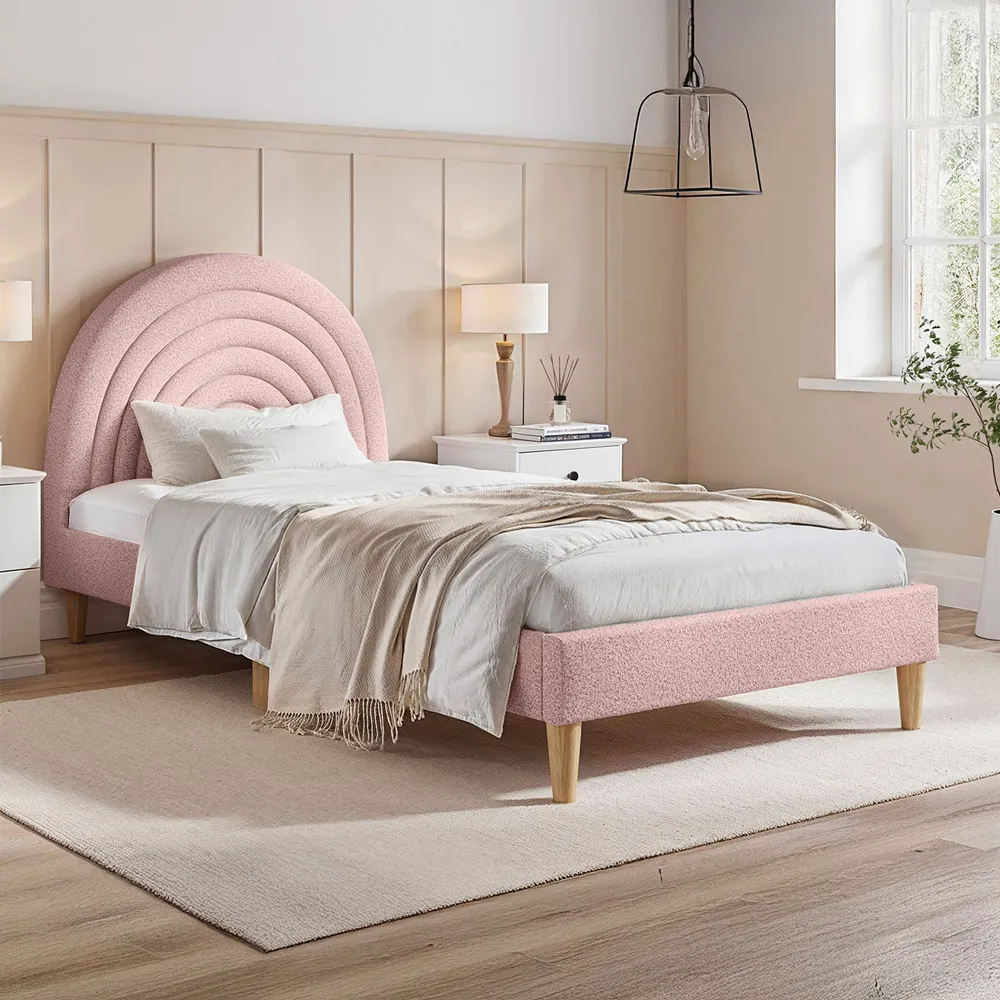 Ava Single Bed Frame - Pink, Boucle Fabric