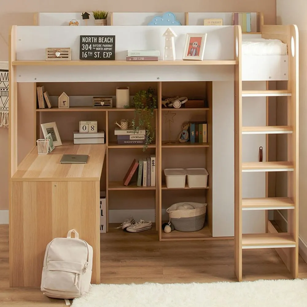 Ava Single High Sleeper Bed with Desk and Storage - Brown