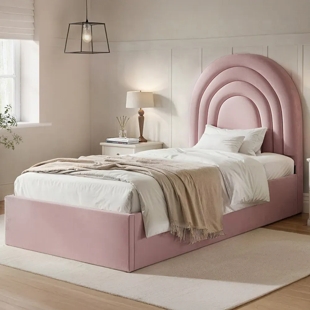 Ava Single Ottoman Bed with Storage - Pink, Velvet
