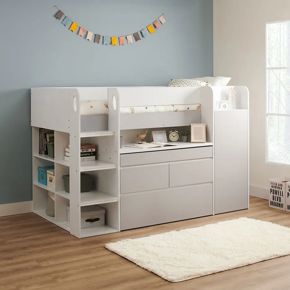Bailey Single Cabin Bed with Desk and Storage - White