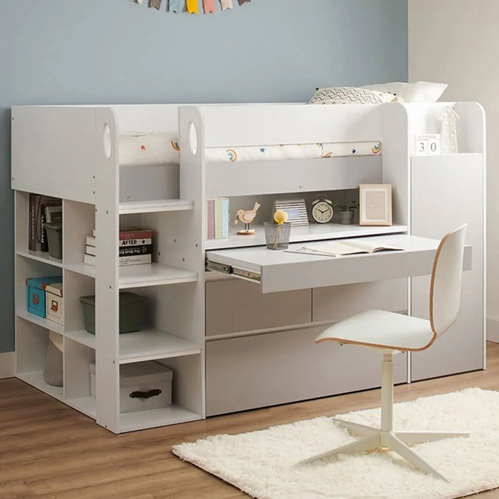 Bailey Single Cabin Bed with Desk and Storage - White