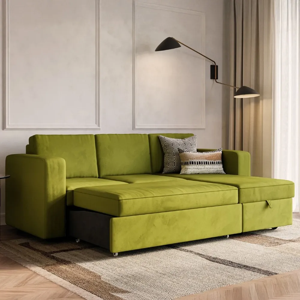 Salou 3-Seater Sofa Bed with Storage - Olive Green, Velvet