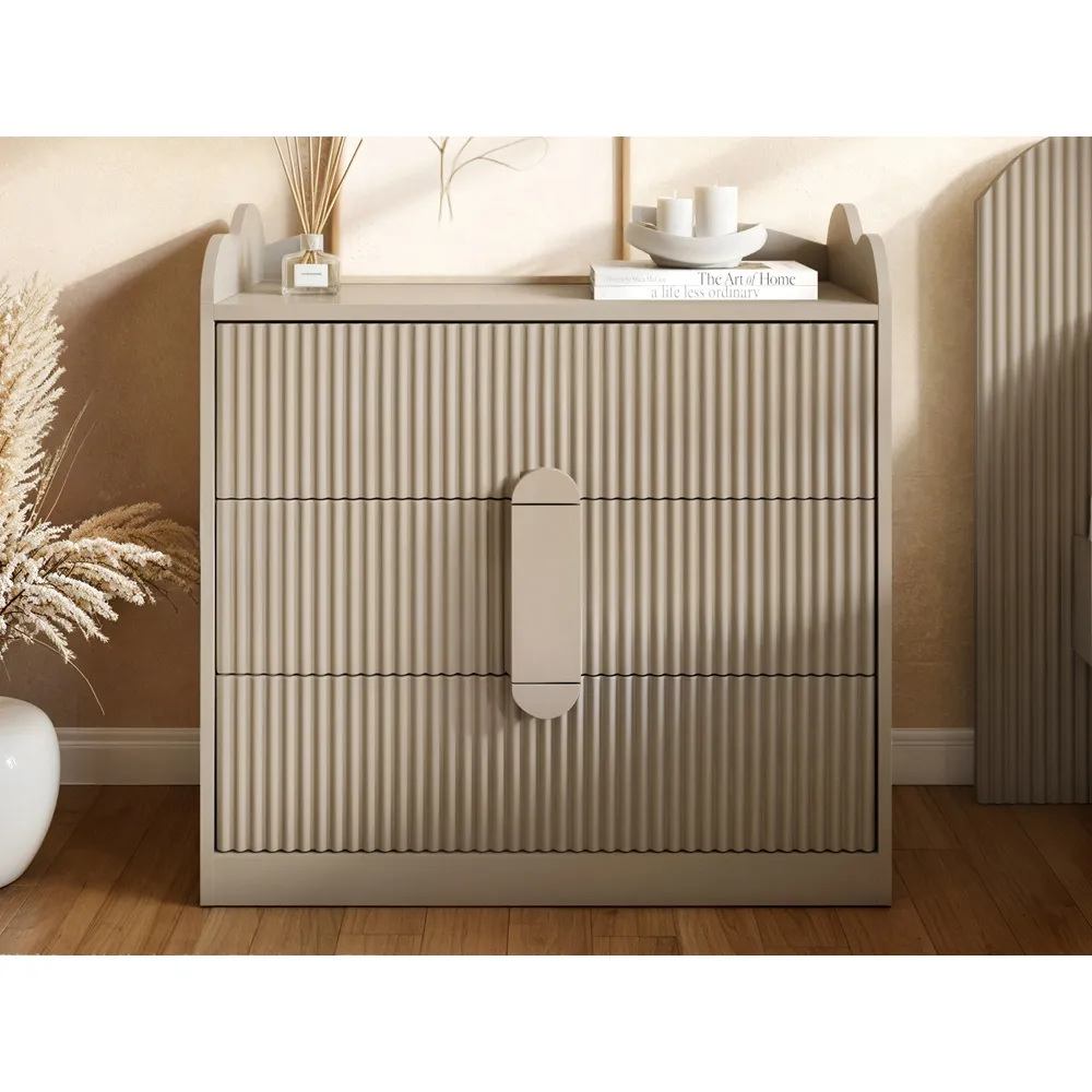 Calista 3 Drawer Ribbed Chest of Drawers - Dark Beige
