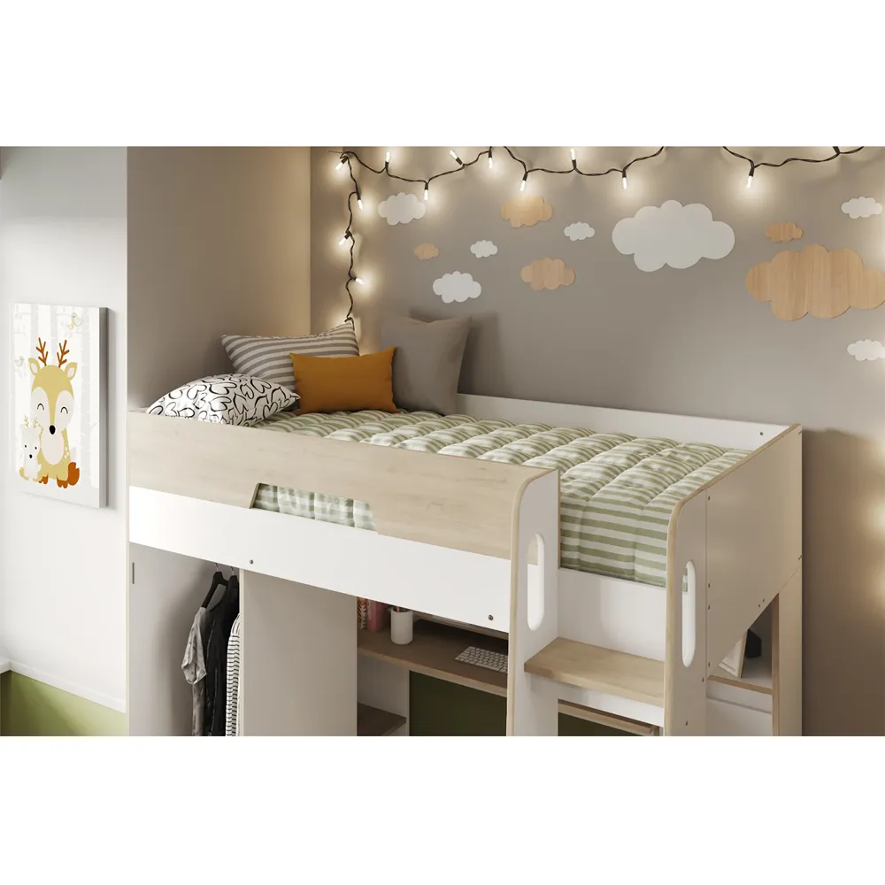 Coco High Sleeper Workstation with Wardrobe - White, Oak