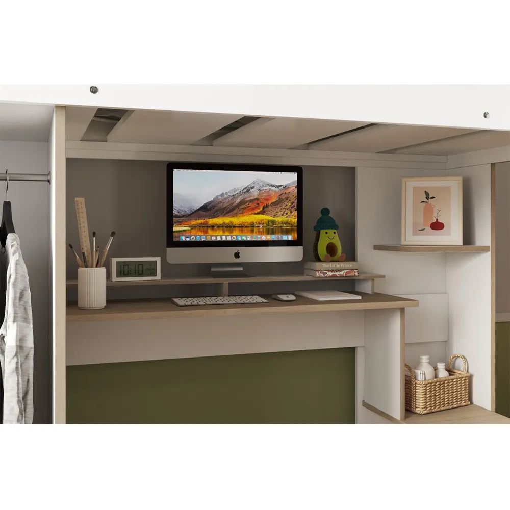 Coco High Sleeper Workstation with Wardrobe - White, Oak