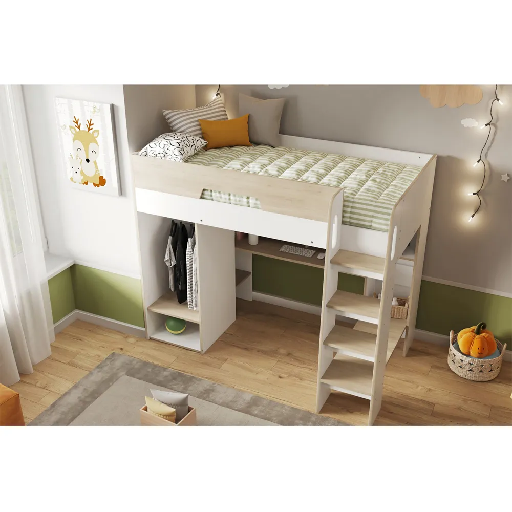 Coco High Sleeper Workstation with Wardrobe - White, Oak