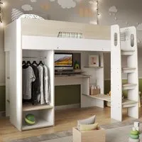 Coco High Sleeper Workstation with Wardrobe - White, Oak