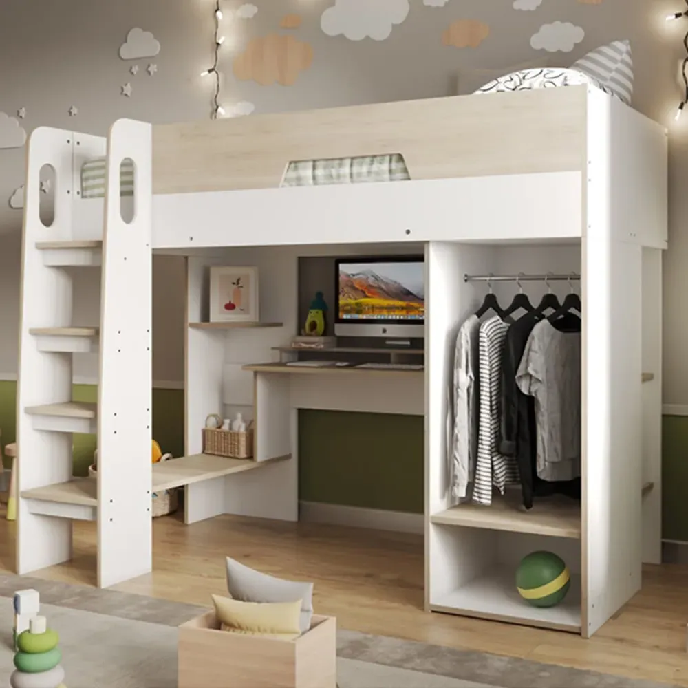 Coco High Sleeper Workstation with Wardrobe - White, Oak image