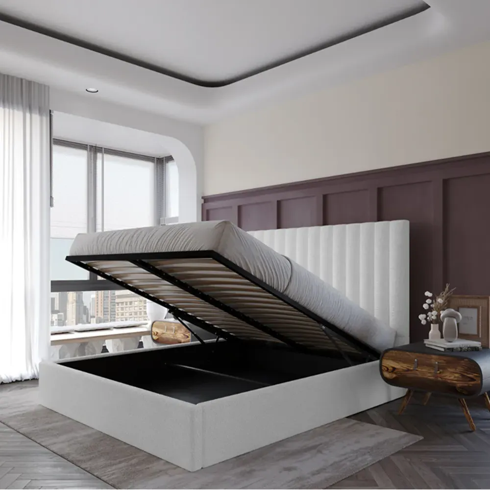 Everley King Size Ottoman Bed with Storage - Cream, Boucle