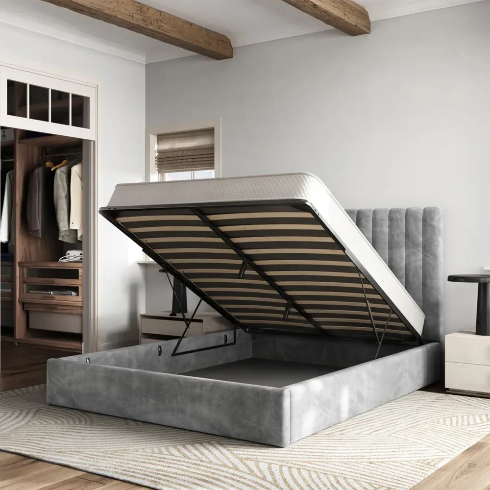 Everley King Size Ottoman Bed with Storage - Grey, Fabric